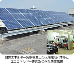 自然エネルギー実験棟屋上の太陽電池パネルとエコエネルギー研究Grの学生居室風景
